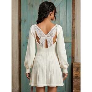 EMERY ROSE White Butterfly Lace Cut-Out Open Back Lantern Sleeve Sweater Dress M
